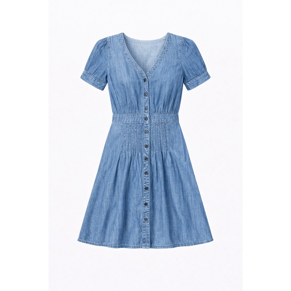 Madewell Denim V Neck Button Front Puff Sleeve‎ Midi Dress Size 0